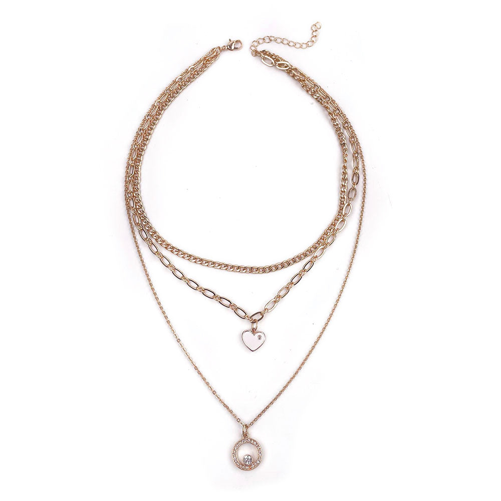 WHITE ENAMEL HEART&CIRLE RHINESTONES PENDANT LAYERED NECKLACE